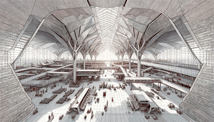Concept of an international airport with many people coming and going. Vector illustration.