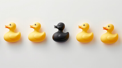 A single black rubber duck standing alone from the rest of yellow ones on a white background