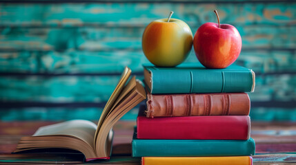 Celebrate Teachers Day with a symbolic representation of education - a stack of books topped with a fresh apple, signifying appreciation and knowledge