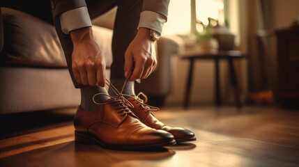 A Man Tying His Shoes, Ready to Start the Day - obrazy, fototapety, plakaty