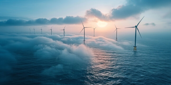  electricity wind turbine on blue sea with blue sky with foggy weather, offshore wind farm,