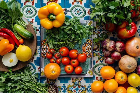 Fresh Vegetables on Brightly Patterned Kitchen Counter