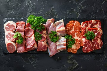 Variety of Raw Meats Elegantly Displayed on Slate Board