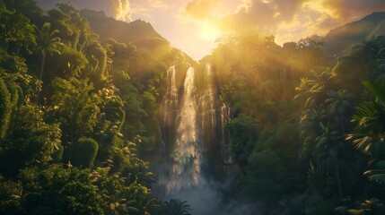 A majestic waterfall cascading down from a towering cliff, surrounded by lush vegetation and illuminated by the golden light of the setting sun. - obrazy, fototapety, plakaty