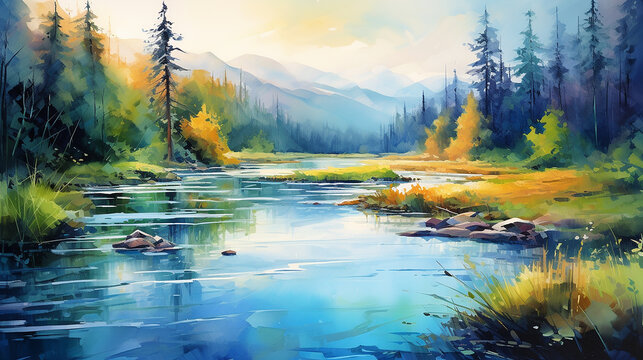 morning on the river landscape a water color illustration