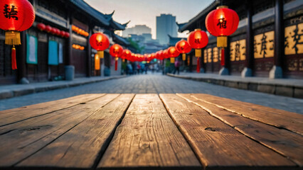 Wooden empty tabletop on traditional Chinese town  background full of lampions