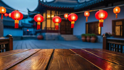 Wooden empty tabletop on traditional Chinese town  background full of lampions