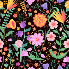 Beautiful floral seamless pattern. Bright summer flowers on black background. Fabric print. Vector design
