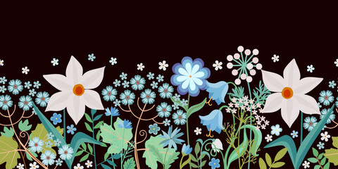 Horizontal seamless floral border with cute cartoon spring white and blue flowers and green leaves on black background. Fashionable romantic print for fabric. - 762072960