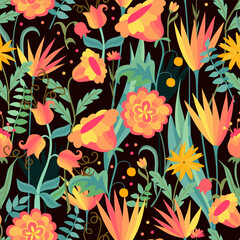 Layered seamless pattern for fabric with colorful flowers on a black background. Print for fabric and textile. Vector illustration
