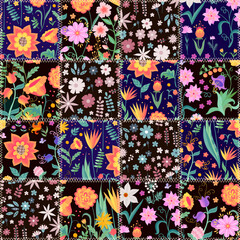 Patchwork seamless pattern from square patches with bright colorful flowers
