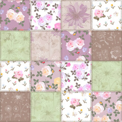 ПечSeamless floral patchwork pattern with roses and Jerusalem artichoke in pastel colors. Beautiful print for fabric in retro style.ать - 762072994