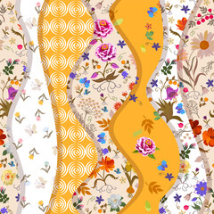 Seamless wavy multicolor patchwork pattern of floral and abstract patches. Summer print for fabric in vector.