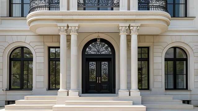 A grand neoclassical mansion with arched doorways and ornate columns set against a modern minimalist villa with clean lines and large open spaces.