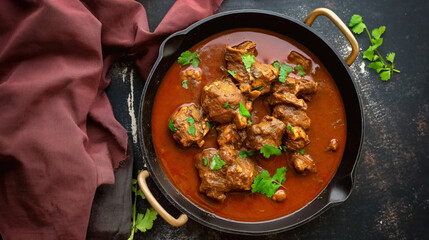 Top-down view of a delectable Indian lamb mutton curry, showcasing rich gravy and spices