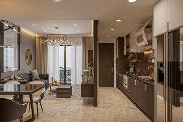An open living room with a dark wood kitchen and a balcony.