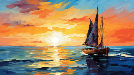 oil painting illustration wall poster modern with ocean and boat in sunset
