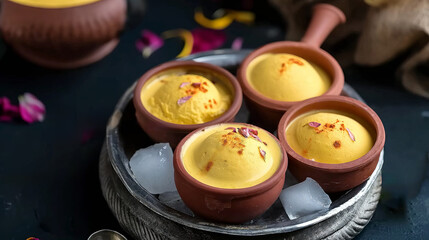 Authentic Indian Kesar Matka Kulfi served in an earthen bowl on a metal plate with ice cubes - obrazy, fototapety, plakaty