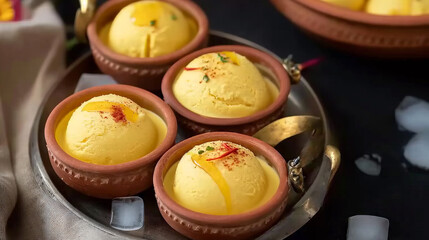 Authentic Indian Kesar Matka Kulfi served in an earthen bowl on a metal plate with ice cubes - obrazy, fototapety, plakaty