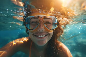 A woman is smiling while wearing a pair of orange goggles and swimming in the ocean. Concept of joy and excitement as the woman enjoys her time in the water - Powered by Adobe