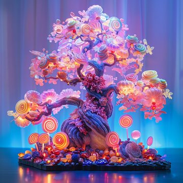 Vibrant candy tree dessert themed fantasy side view glowing twilight ambiance