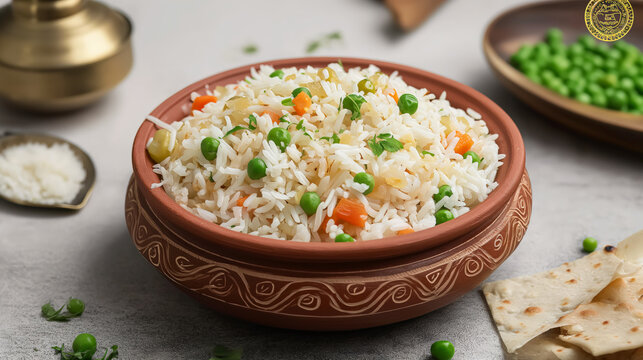 Aromatic long grain rice pulav with cheese, carrot, and peas in a rustic terracotta bowl