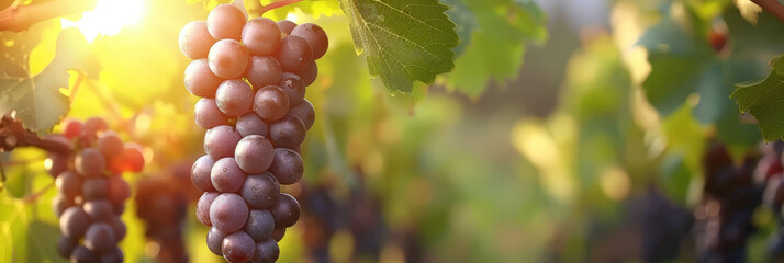 Ripe grapes in vineyard at sunset or sunrise, banner