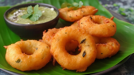 Deep-fried, crispy Medu Vada served on a banana leaf with sambhar and coconut chutney