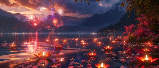 Festival of Lights, festival, lights, lanterns, fireworks, lake, dusk, reflection, water, serene, flora, blossoming, dramatic, display, evening, tranquil, celebration, floating, glow, nature, beauty