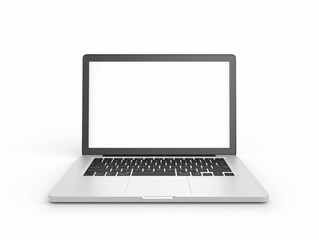 Sleek modern laptop with an empty white screen, isolated on white with space for text.
