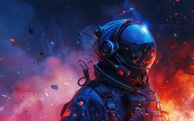 Astronaut Amidst Cosmic Blaze, astronaut, cosmic, blaze, space, helmet, visor, reflection, sparks, interstellar, flames, suit, exploration, science, fiction, fiery, red, blue, glow, embers, floating - obrazy, fototapety, plakaty