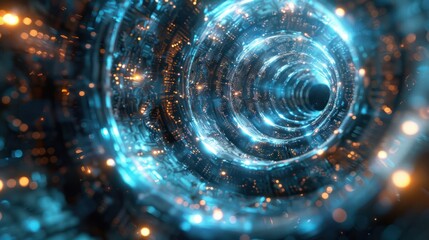 Abstract digital wormhole, futuristic science fiction tunnel, blue glowing light with sparkling...