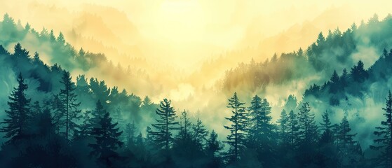 Mystic Dawn in the Misty Forest, misty, forest, sunrise, serene, tranquil, trees, nature, light, dawn, ethereal, beauty, pine, morning, fog, landscape, scenic, wilderness, peaceful, sunlight, rays - obrazy, fototapety, plakaty