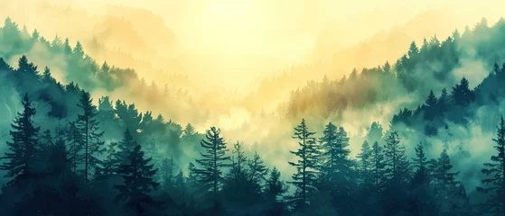 Fotobehang Mystic Dawn in the Misty Forest, misty, forest, sunrise, serene, tranquil, trees, nature, light, dawn, ethereal, beauty, pine, morning, fog, landscape, scenic, wilderness, peaceful, sunlight, rays © auc