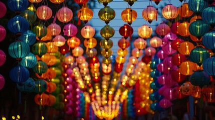 Festival of Lanterns, lanterns, colorful, festival, lights, night, vibrant, street, display, warm, glow, inviting, celebration, traditional, hanging, decorative, bright, illumination, red, blue, green