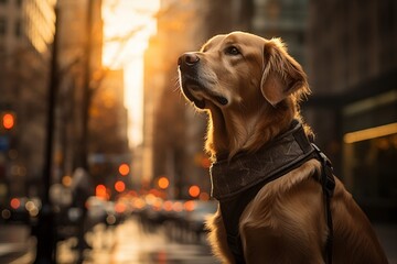 Golden retriever guiding the blind, city street, morning light, loyalty, service animal, eyelevel,Historical reimaginings - obrazy, fototapety, plakaty