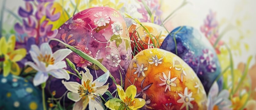 Spring's Palette, spring, Easter, eggs, watercolor, painted, blooming, flowers, vibrant, lush, colorful, pastel, daisies, hydrangeas, decoration, celebration, tradition, floral, art, craft, handmade