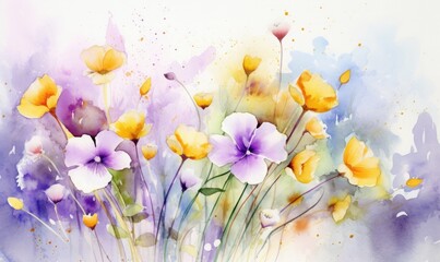 Colorful art watercolor painting depicting beautiful flowers, spring concept 