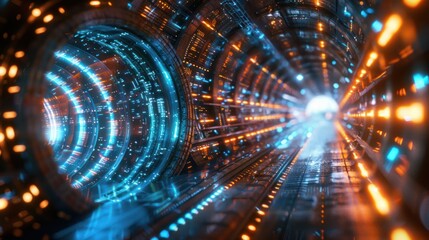 Futuristic digital tunnel with vibrant blue and orange lights, symbolizing high-speed data transfer...