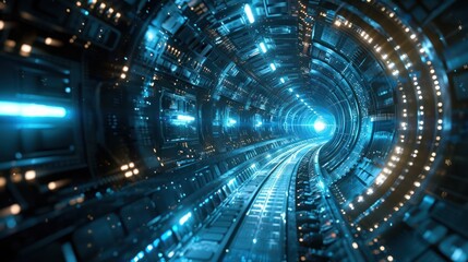 Futuristic sci-fi tunnel with blue neon lights and reflective surfaces, conveying high-speed travel through a space corridor. - obrazy, fototapety, plakaty