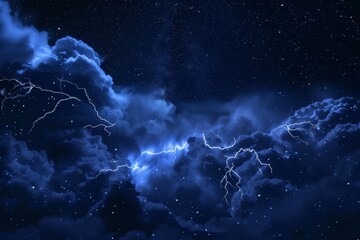 Lightning storm with smoke effects under a starry night sky. - obrazy, fototapety, plakaty