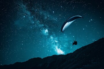Paraglider silhouette with smoke trail flying under a starry night sky.