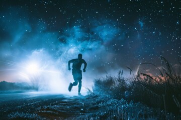 Runner with motion blur and smoke trails under a starry night sky.