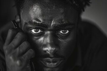 Focusing on a man eagerly awaiting a phone call, his hopeful gaze and body language telling a story of expectation.