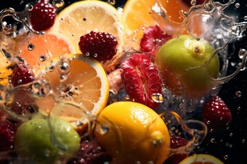 Assorted fruits of orange, berries, grapefruit, lemon, strawberry falling into clear water
