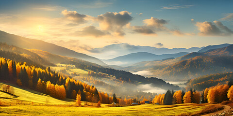 Grassy slopes with lush trees against mountains at sunset dramatic  landscape background 