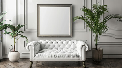 A white rectangular picture frame hangs above the couch, adding a touch of decoration to the room. The wooden frame complements the furniture and houseplant nearby