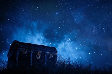 Silhouette of a pirate treasure chest with smoke under a starry night hidden riches.