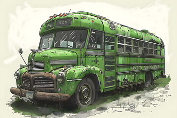 Vintage Green School Bus on a Forgotten Road Illustration