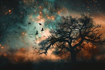 Silhouette of a tree with birds flying from smoke branches under a starry night sky. - obrazy, fototapety, plakaty